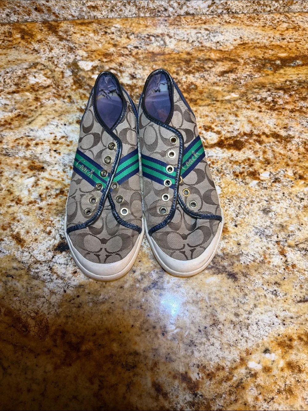 Coach Tan Signature Canvas Slip-On Sneakers with Green & Navy Accents